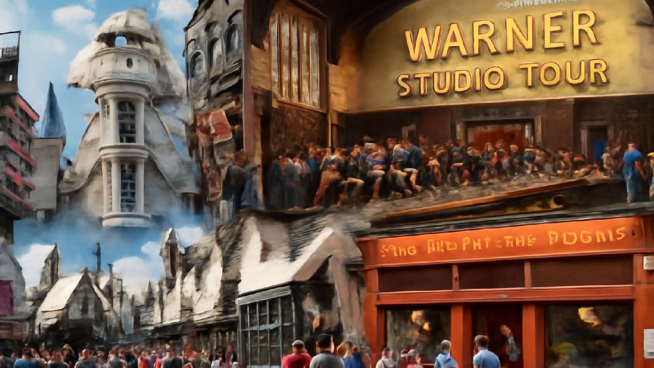 Vibrant collage of Harry Potter-themed destinations, including Universal Studios' Diagon Alley and Hogsmeade, Warner Bros. Studio Tour's iconic Great Hall, and the Elephant House café in Edinburgh, capturing a magical atmosphere with crowds enjoying these magical experiences.
