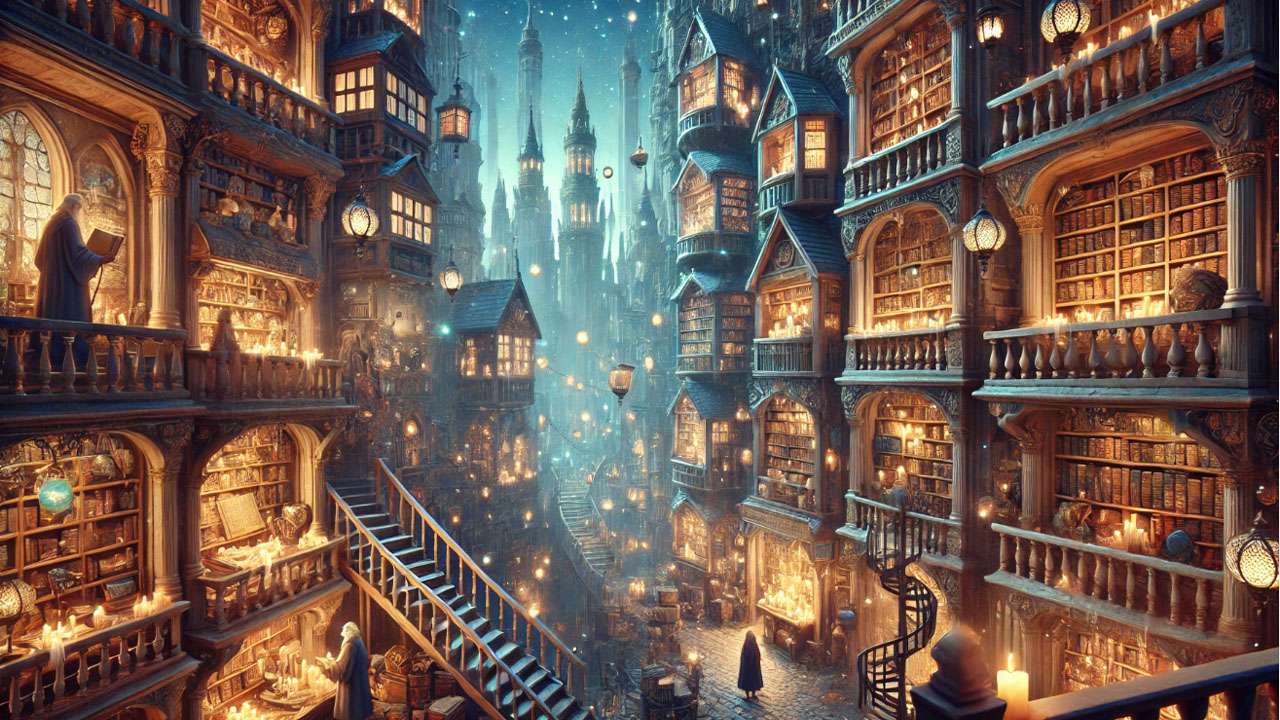 A richly detailed fantasy world at twilight, featuring a gothic library with floating candles and enchanted books soaring between tall shelves