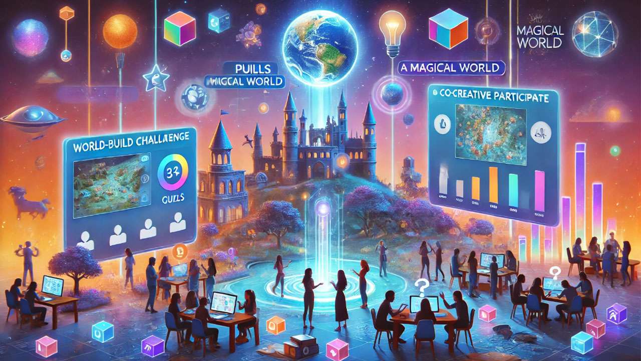Readers participating in a world-building challenge through interactive tools, showcasing engagement in a magical universe.