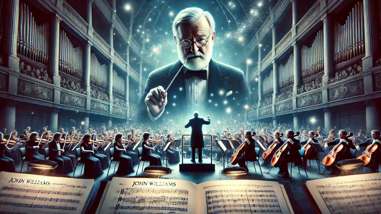 John Williams conducting the orchestra for Harry Potter soundtrack recording, capturing the magic of his compositions.
