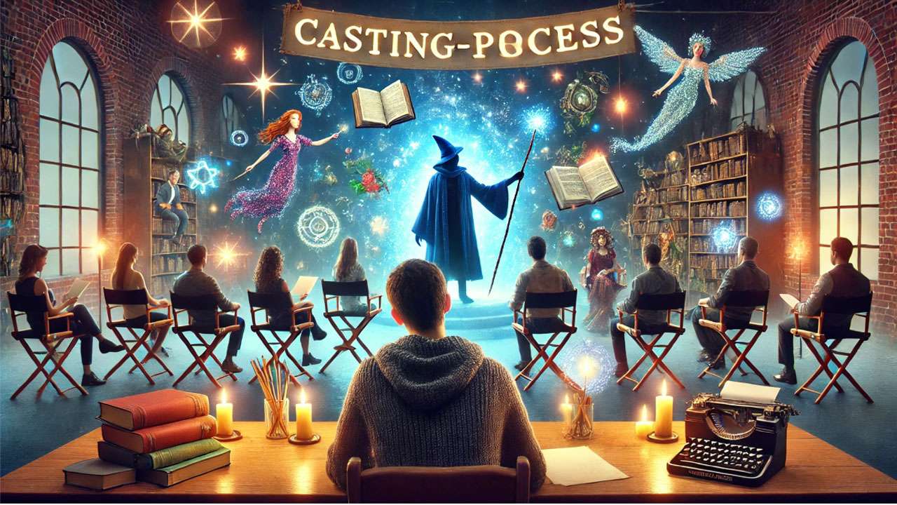 Behind the scenes casting process for a fantasy film, showing casting director and actors in an audition room.