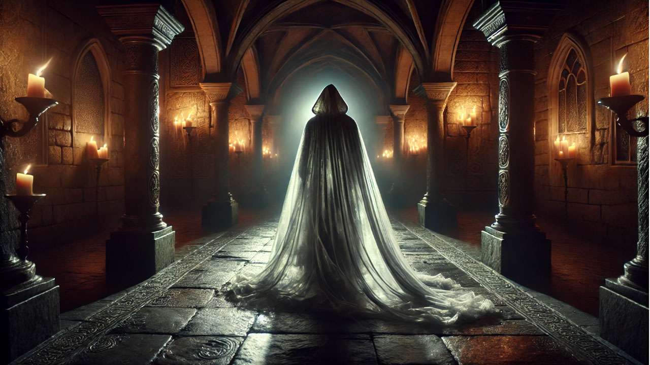 Harry Potter wearing the Invisibility Cloak sneaking around Hogwarts