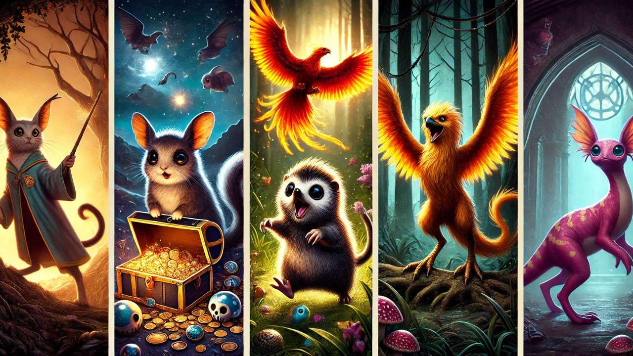 A collage of magical creatures from the Harry Potter universe, including a Niffler, Phoenix, and Acromantula, showing their unique traits and magical designs
