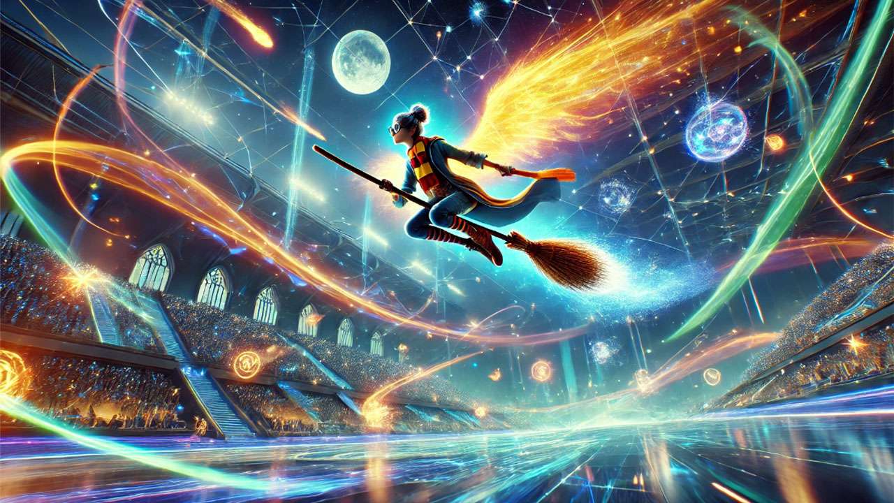 Quidditch match scene with a flying broomstick, blending CGI effects and practical elements in the Harry Potter films.