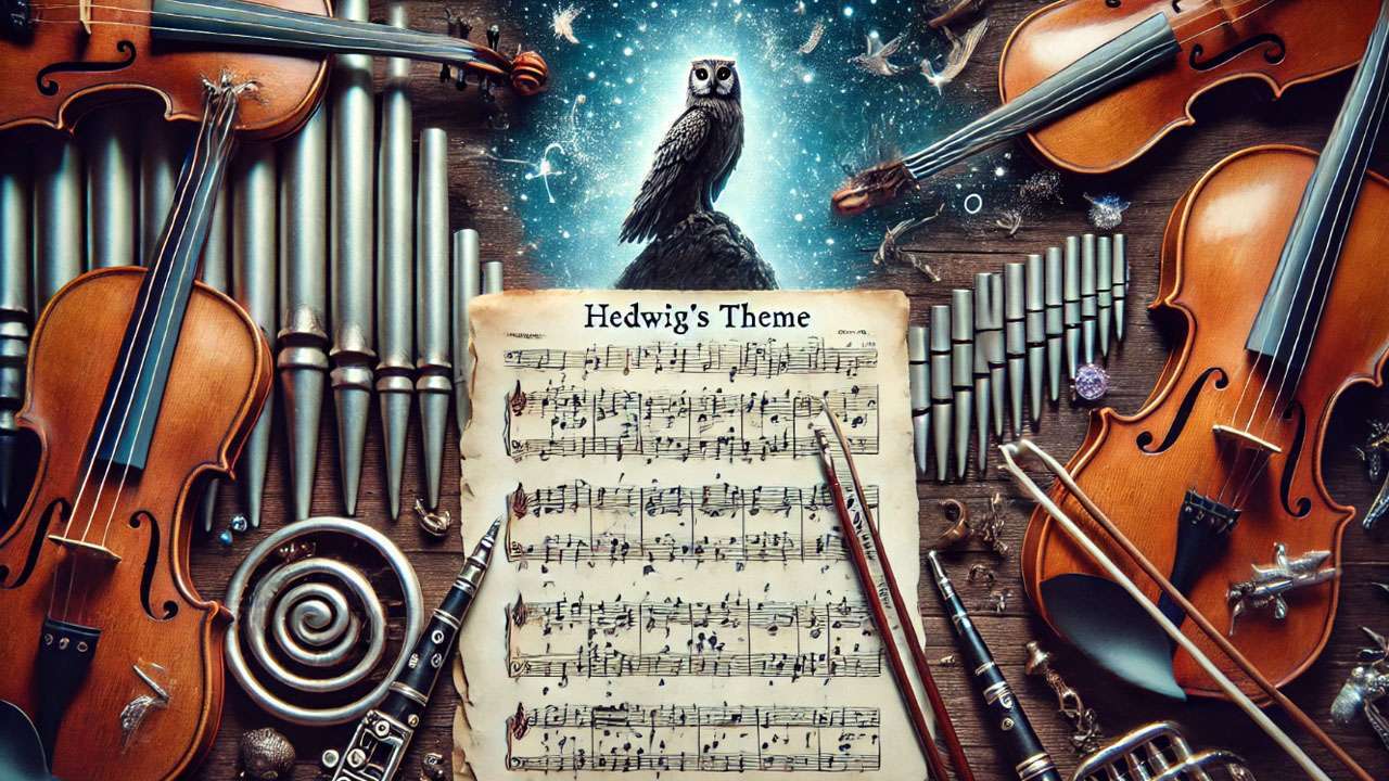 Musical sheet of Hedwig’s Theme with celesta and orchestral instruments representing the iconic Harry Potter soundtrack