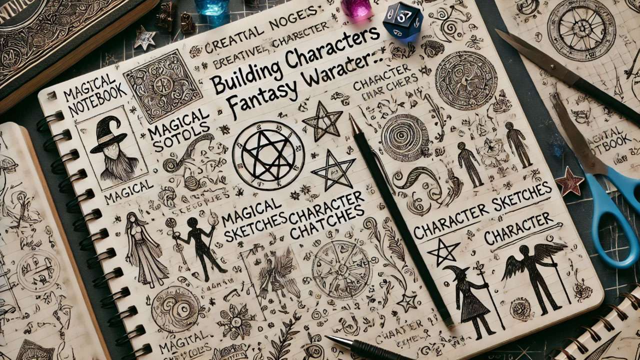 Magical notebook with character sketches and notes symbolizing J.K. Rowling's writing style for Harry Potter.