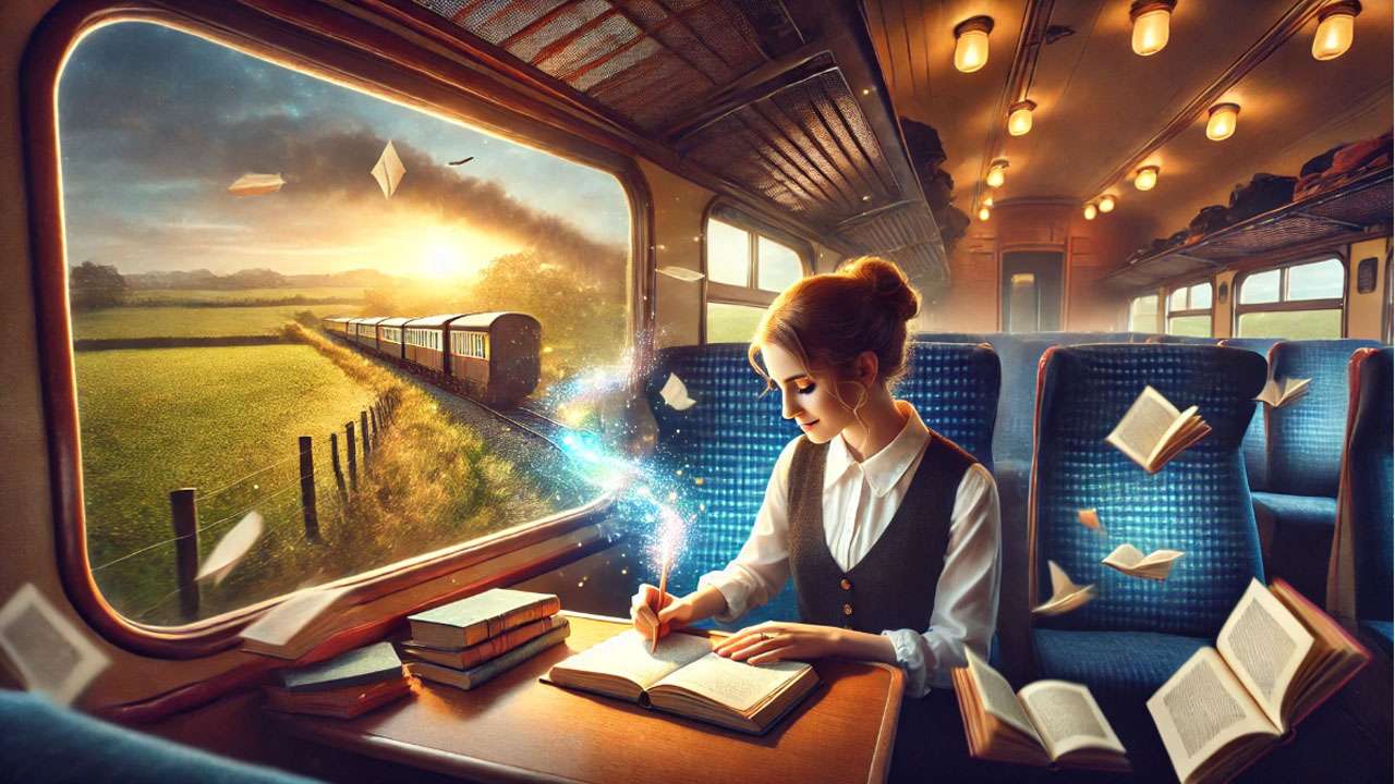 J.K. Rowling writing Harry Potter on a train, sparking the creation of a magical world.