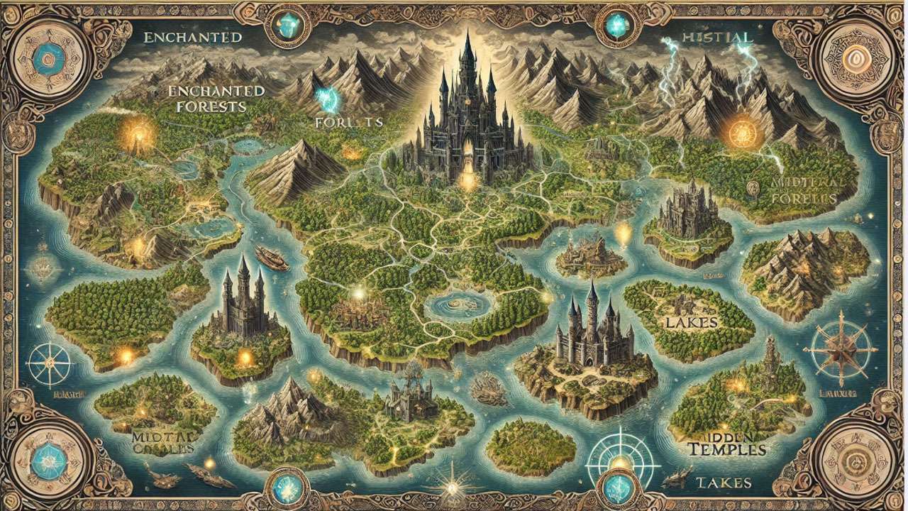 Detailed map of a magical world with diverse terrains, magical cities, and landmarks representing key locations and structures.