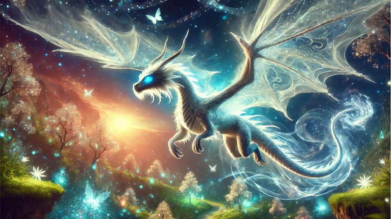Majestic dragon flying over an enchanted forest, representing magical creatures in a fantasy world.