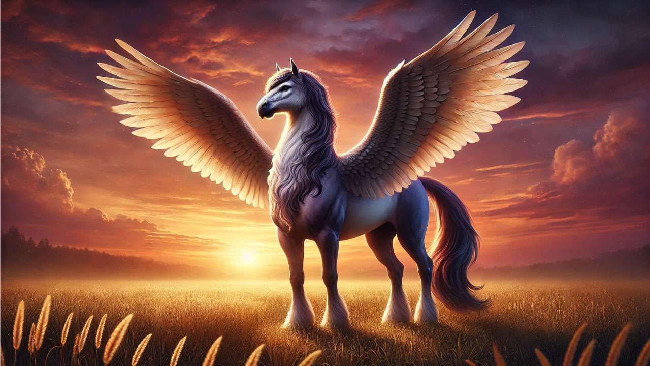 A majestic Hippogriff (Buckbeak) with the body of a horse and the wings and head of an eagle, symbolizing respect and honor in the Harry Potter universe