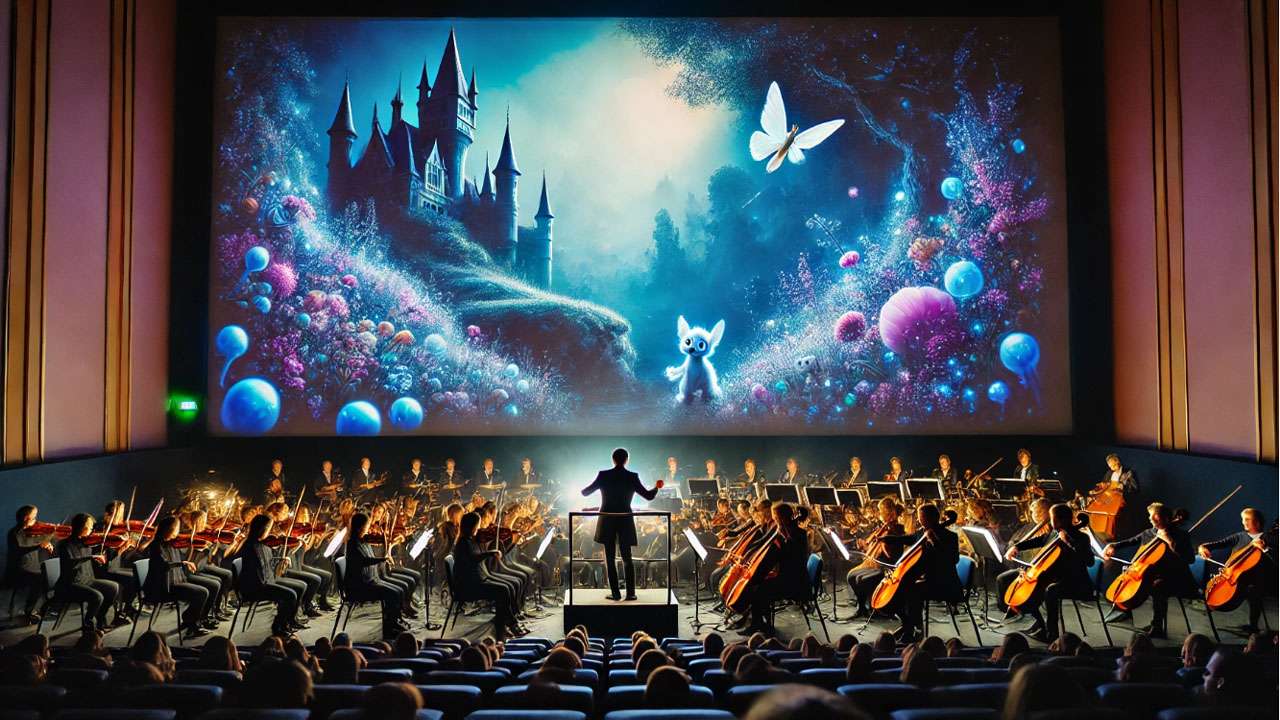 Harry Potter Film Concert Series live performance, with orchestra playing the iconic soundtrack in front of a movie screen.