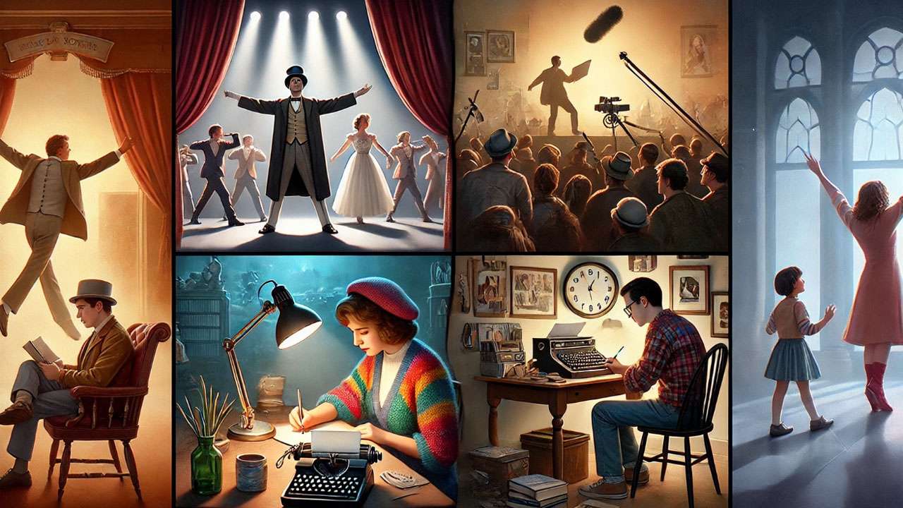 Split-screen showing stage performer, film director, protestor, and writer symbolizing different life paths. 