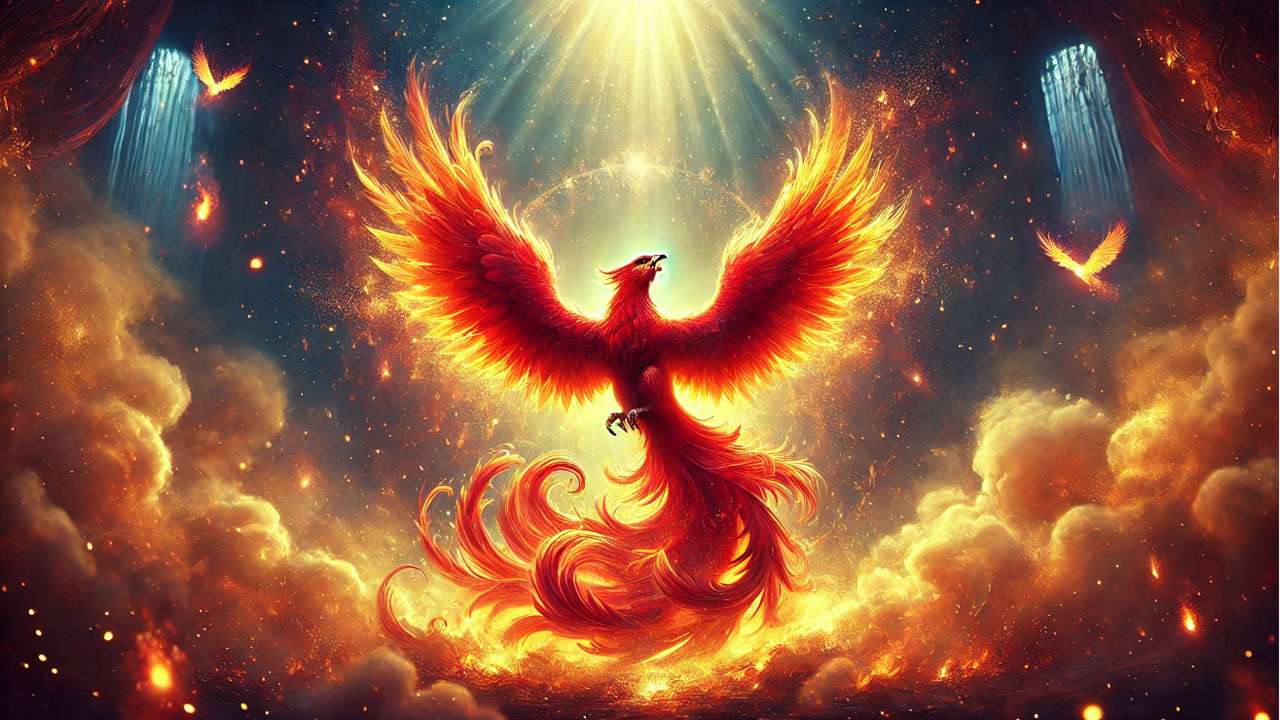 Fawkes the Phoenix rising from the ashes in a burst of fiery colors, symbolizing rebirth and immortality in the Harry Potter universe.