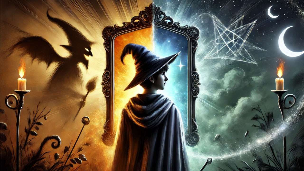 Harry Potter facing a mirror symbolizing his internal battle between good and evil, with dark and light contrasts.