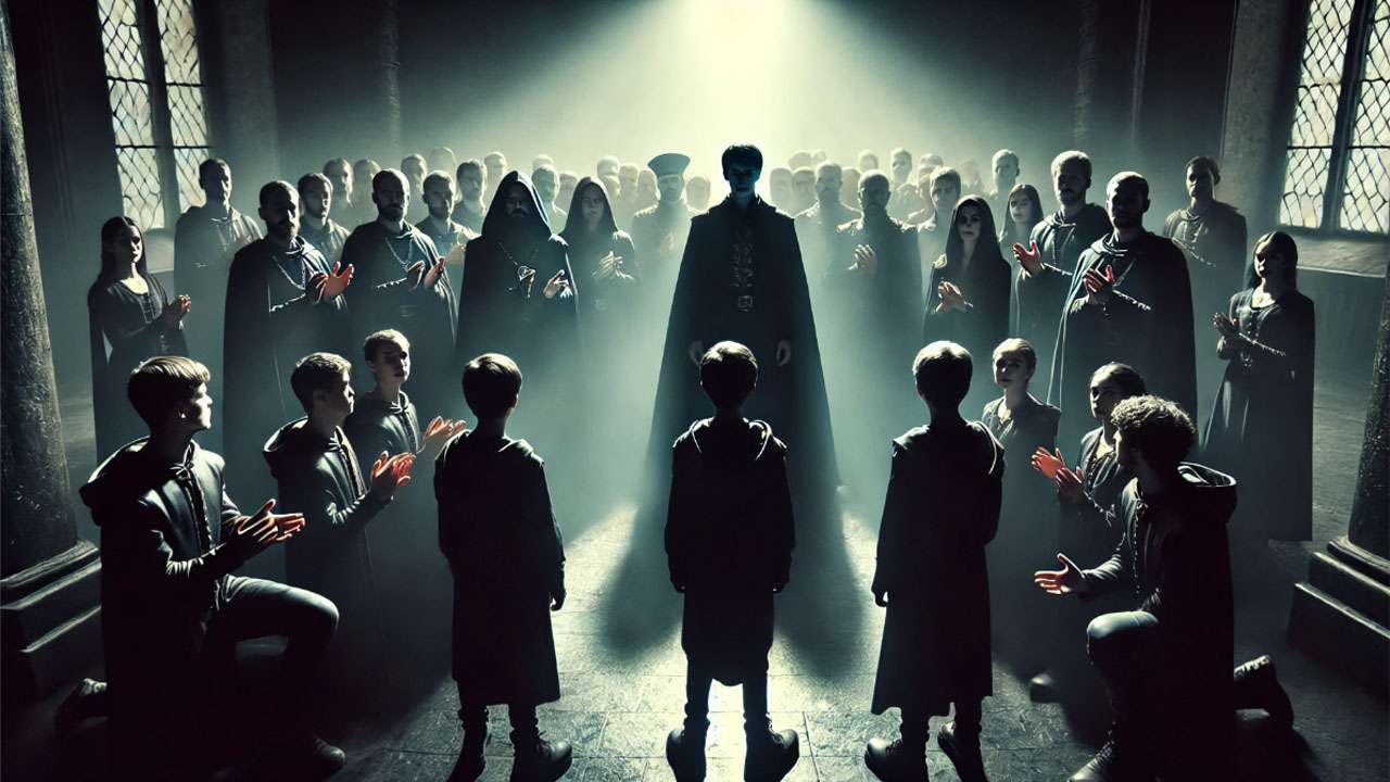 Voldemort and Death Eaters symbolizing authoritarianism, contrasted with Harry Potter and friends symbolizing hope and resistance.