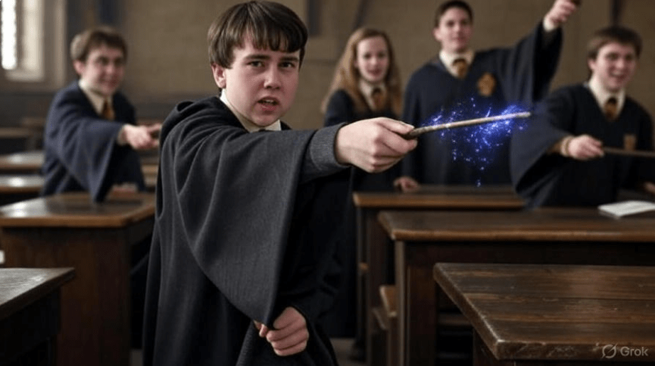 Students practicing spellcasting in a Hogwarts classroom during a Defense Against the Dark Arts lesson, with a young wizard casting magic from his wand and sparks flying in the air.