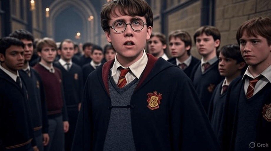 Group of Hogwarts students, including a young wizard in Gryffindor robes with glasses, standing in the Hogwarts corridor, preparing for an intense moment in the wizarding world.