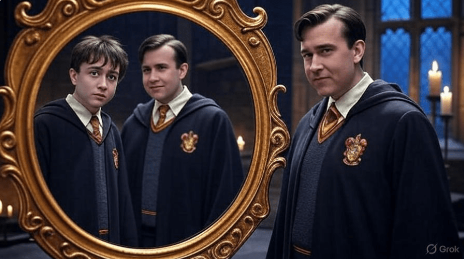 Two Hogwarts students in Gryffindor robes reflected in a magical mirror, with one looking surprised and the other smiling confidently, set in a mystical Hogwarts setting.
