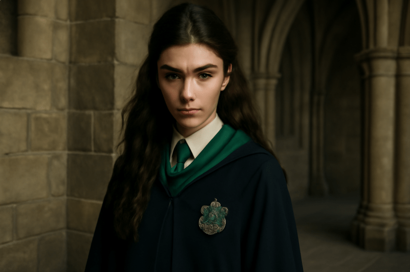 A young girl in a Hogwarts Slytherin robe, with dark hair and an intense expression, standing in a stone corridor of Hogwarts Castle. She is wearing a green tie, a green Slytherin scarf, and the Slytherin house crest on her robe.