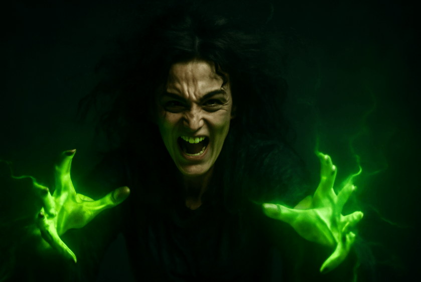 Furious woman with wild hair casting green magical energy from her hands, surrounded by dark smoke, in a powerful and intense moment of spellcasting.