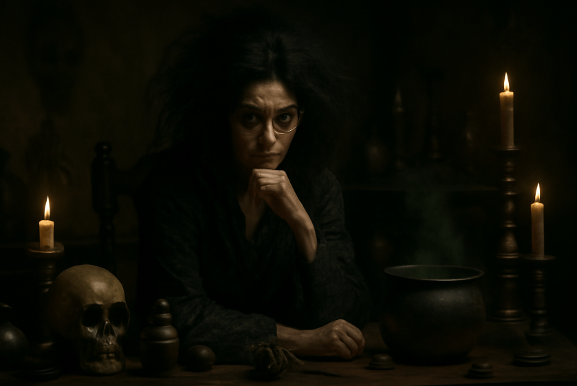 Witch with wild hair and glasses sitting at a dimly lit table, thoughtfully resting her chin on her hand. Surrounding her are candles, a skull, and a bubbling cauldron, evoking a mysterious and magical atmosphere.