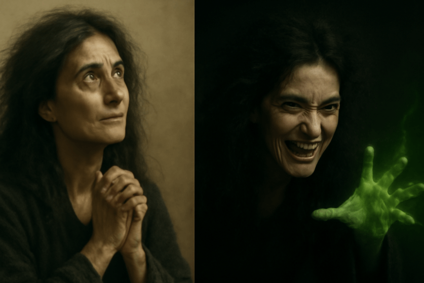 Two contrasting images of a woman with wild hair. On the left, she is praying with her hands clasped together and looking upwards in a serene expression. On the right, she is casting a powerful green spell with a furious expression and her hands glowing with magical energy.