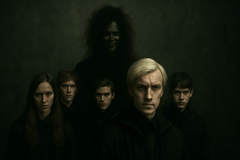 Six individuals in black hooded cloaks stand in a dark, atmospheric setting. The man in front, with blonde hair, is flanked by five others, including a woman. In the background, a tall, shadowy figure adds a mysterious and eerie presence to the scene