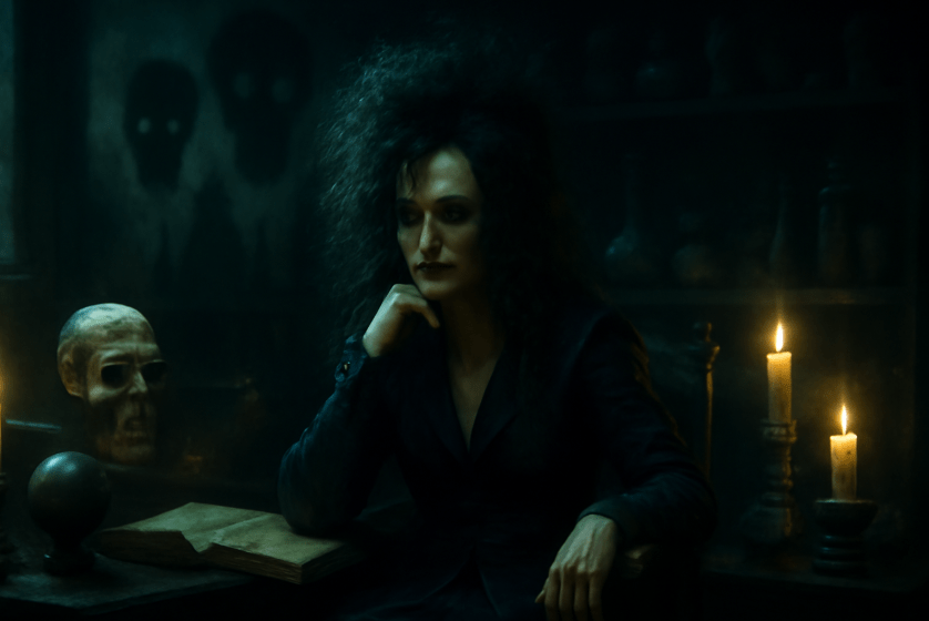 Witch with wild black hair sitting in a dimly lit room surrounded by magical artifacts, including skulls, candles, and old books, with an intense and thoughtful expression.