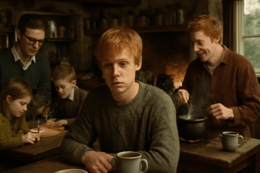 Group of people gathered in a cozy kitchen, with a young man sitting at the table looking pensive while others, including children and an adult, engage in various activities like cooking and preparing food.