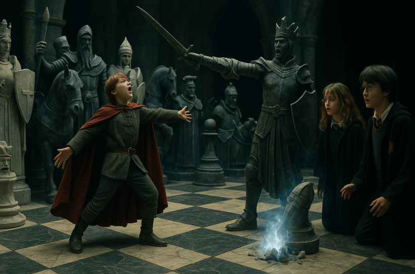 Scene from a fantasy chess game with a young boy in a red cloak trying to control a giant knight, while two companions, a girl and a boy in glasses, watch in awe. The chess pieces are life-sized and set in a grand, dark room.