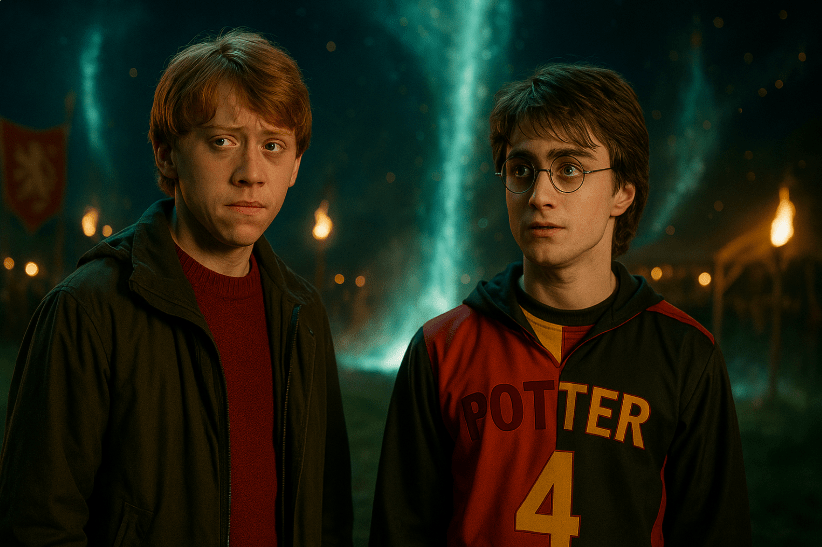 Harry Potter and Ron Weasley in the Triwizard Tournament scene, with Harry wearing a Quidditch jersey and the Hogwarts emblem in the background. The image captures their concerned expressions, surrounded by magical blue sparks and fire.