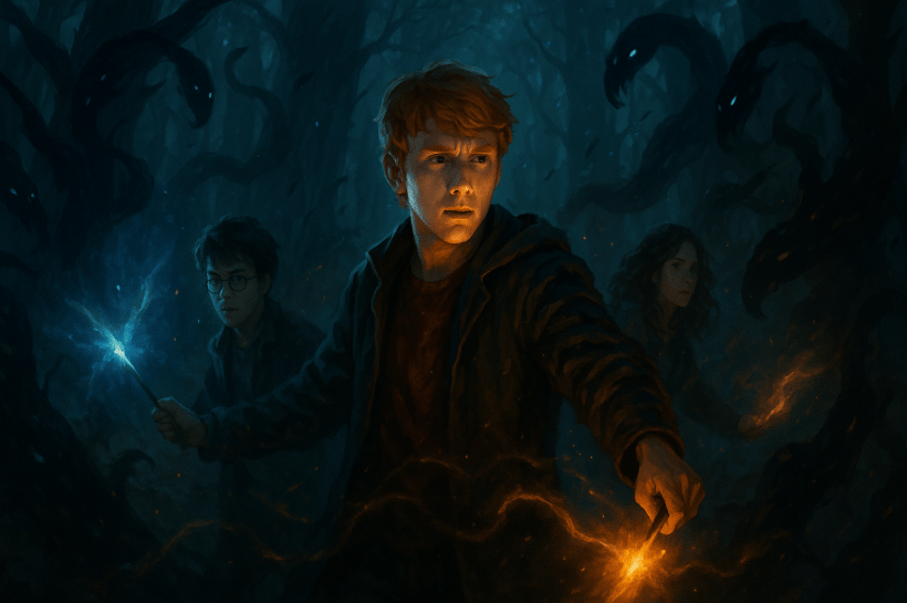 Harry Potter, Ron Weasley, and Hermione Granger in a dark, eerie forest facing Dementors. Ron is in the foreground casting light from his wand, while Harry and Hermione are behind him, both wielding their wands. The scene is lit by their magical spells, with twisted shadows and the ominous presence of Dementors in the background.
