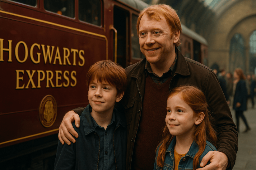 Ron Weasley posing with his children, Hugo and Rose, at Platform 9¾ in front of the Hogwarts Express. The family smiles for the camera as the iconic train is seen in the background, ready for another magical school year.