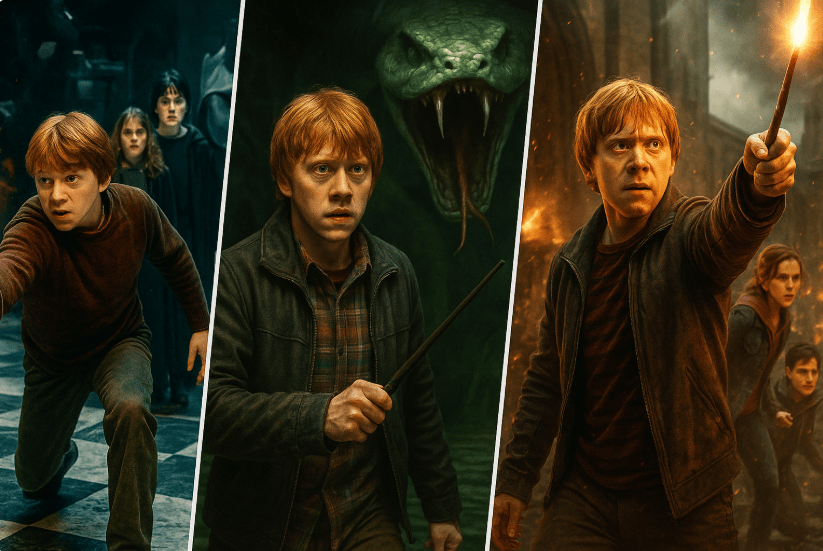 Collage of Ron Weasley in intense moments from the Harry Potter series. In the first scene, he’s running with Hermione and others in the battle at Hogwarts. In the second, he’s facing a giant snake in the Chamber of Secrets. In the third, he’s casting a spell in the final battle against Voldemort's forces with Hermione and Harry by his side