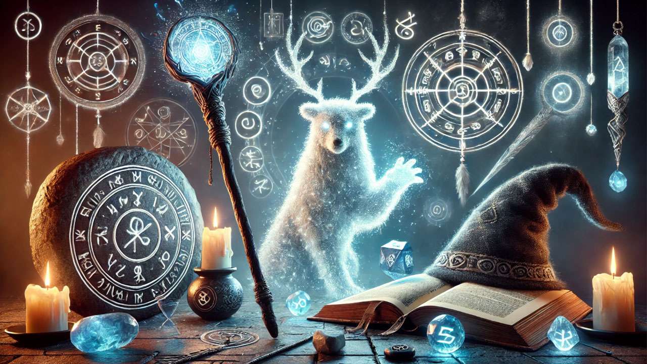 Deathly Hallows symbols with Patronus, Sorting Hat, and magical symbols representing themes in Harry Potter