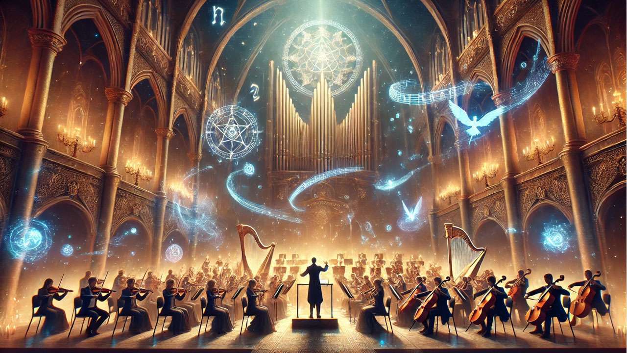 John Williams conducting orchestra for Harry Potter score, creating magical music.