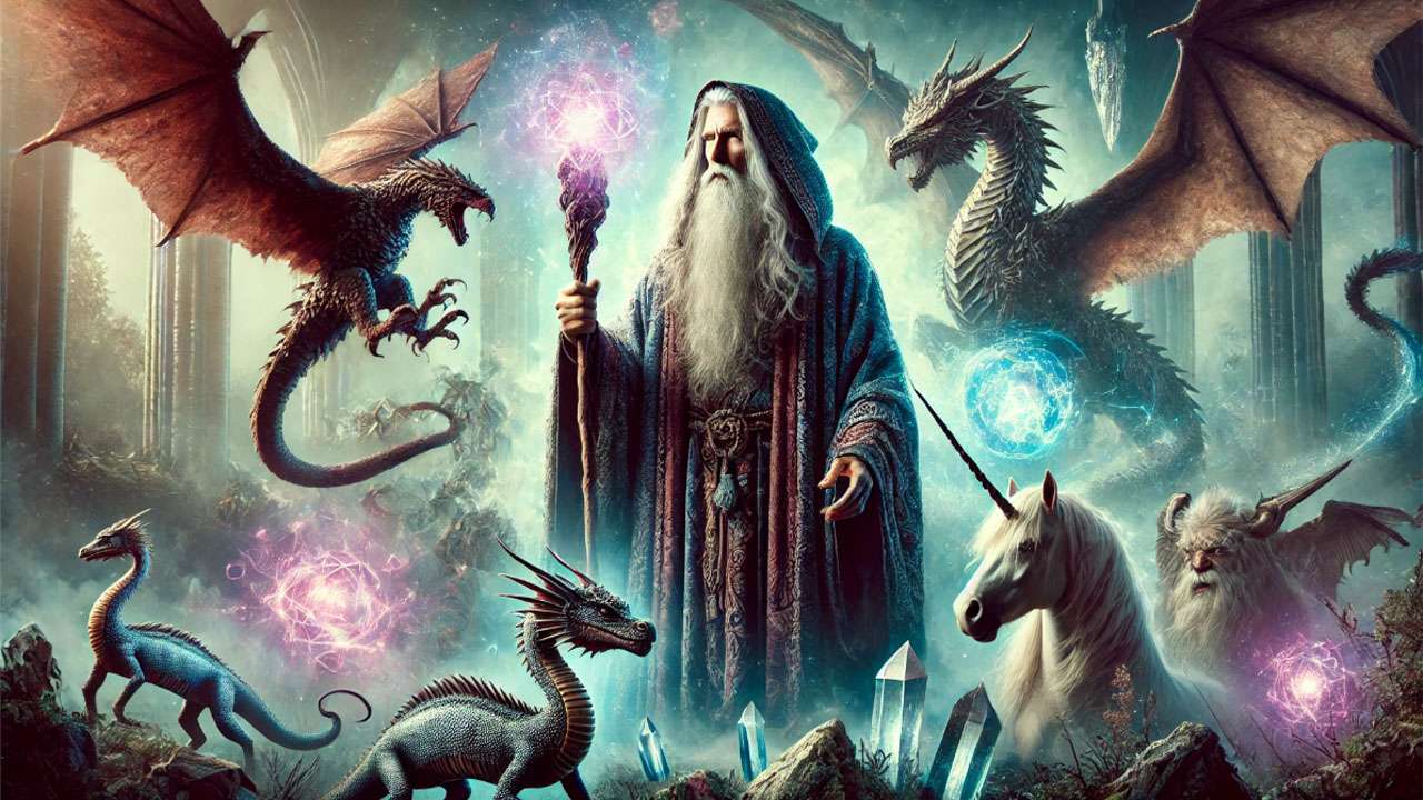 Wizard inspired by Merlin with dragons, unicorns, and basilisk from British folklore and ancient mythology.