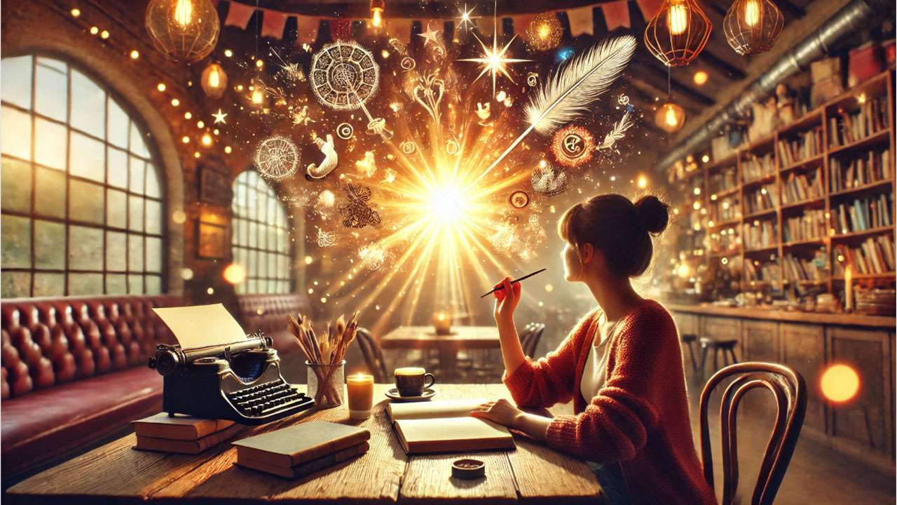 J.K. Rowling writing at a café, surrounded by a glowing aura, symbolizing the inspiration for Harry Potter from her life experiences.