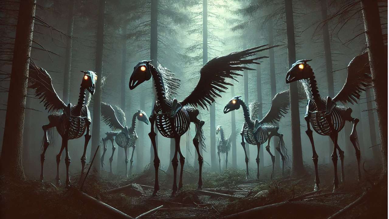A group of skeletal Thestrals in a foggy forest, symbolizing death and grief in the Harry Potter universe