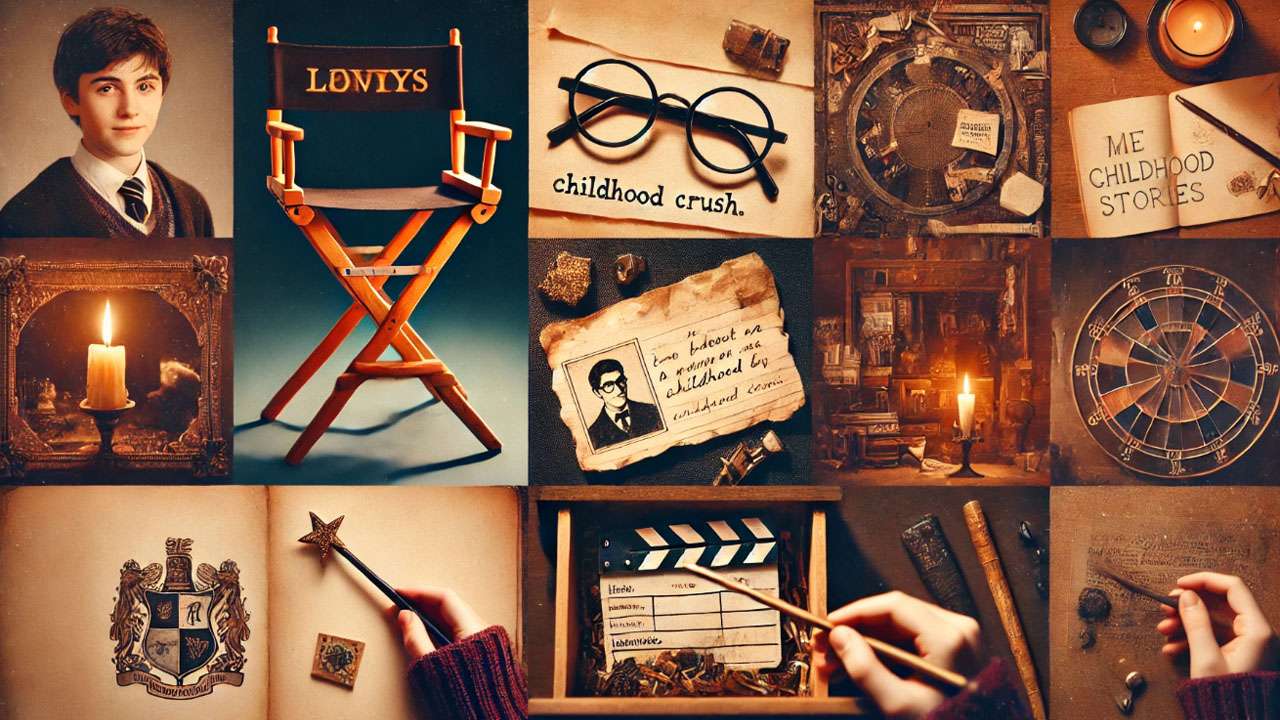 A nostalgic collage with a childhood crush note, glasses in hand, an empty director’s chair, and a wand in a drawer under warm, cozy light. 