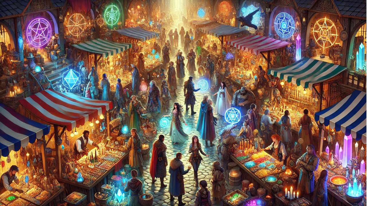 Diverse characters in a magical marketplace, showcasing the vibrant culture and societal structure of a fantasy world