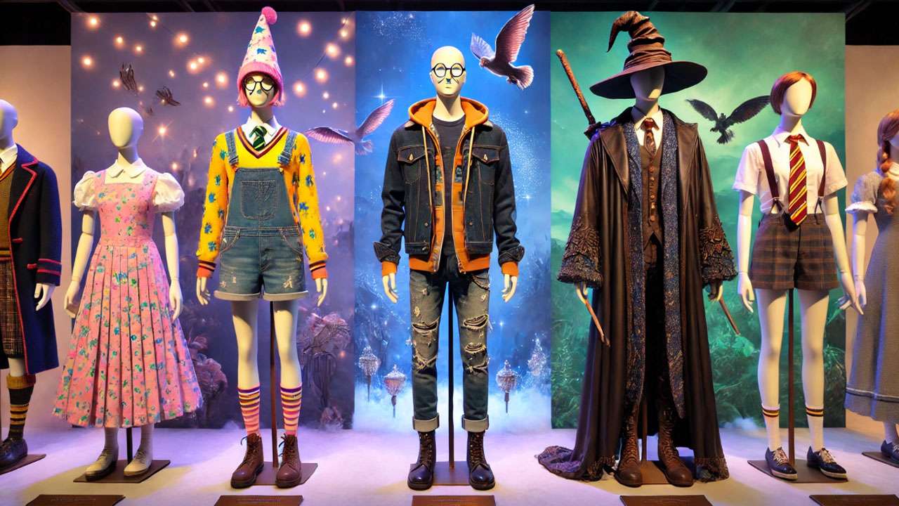 Three fantasy student wizard outfits displayed side-by-side in a costume exhibit: a bright, whimsical school robe; a casual modern look with jeans and robe jacket; and a dark, rugged, battle-ready ensemble, all set under soft, magical lighting.