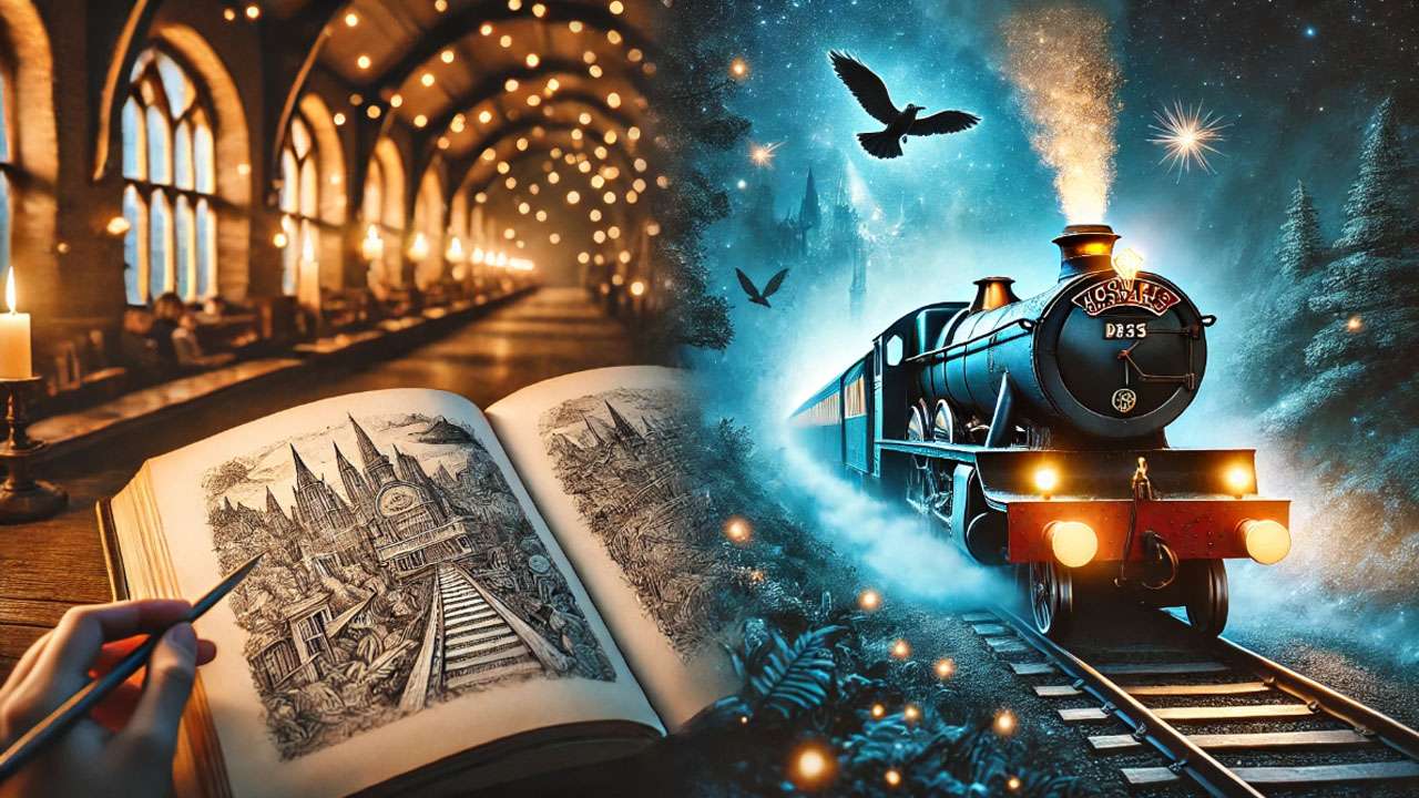 The transition from Harry Potter book to film: Hogwarts train scene from the book and its cinematic adaptation.