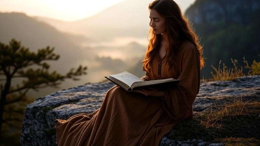 A serene woman reading a book on a cliff edge at sunrise, overlooking a misty valley with mountains in the background, surrounded by nature.