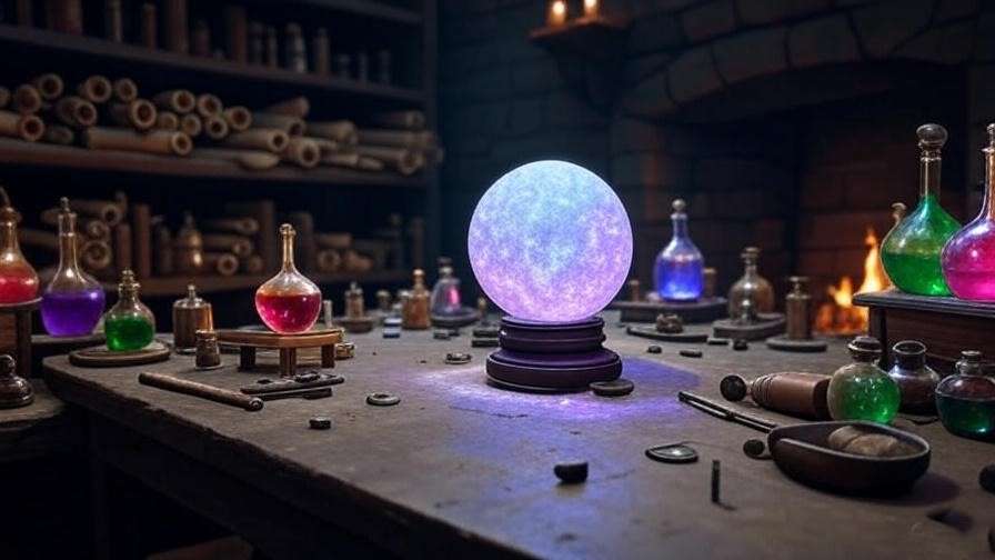 An ancient wizarding workshop with a witchcraft ball artifact in progress, surrounded by potions and scrolls, reflecting Harry Potter history.
