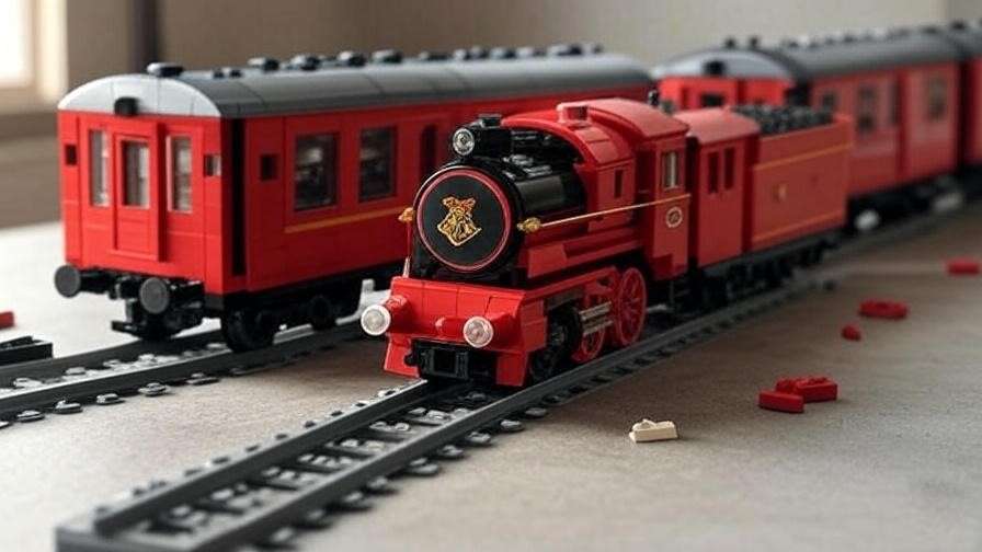 LEGO Hogwarts Express model with scarlet locomotive and carriages, set against a workshop background with scattered bricks. 