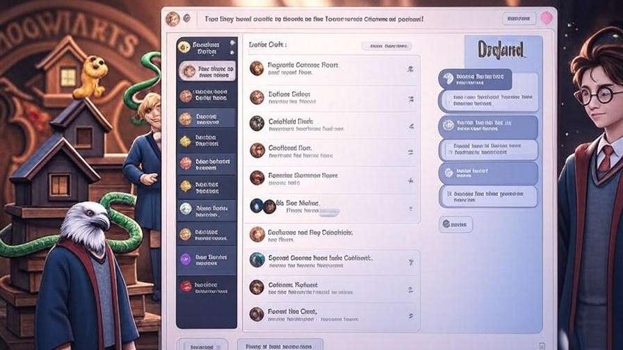 Discord interface with Harry Potter roleplay channels and house-themed emojis, illustrating an online wizarding community setup. 