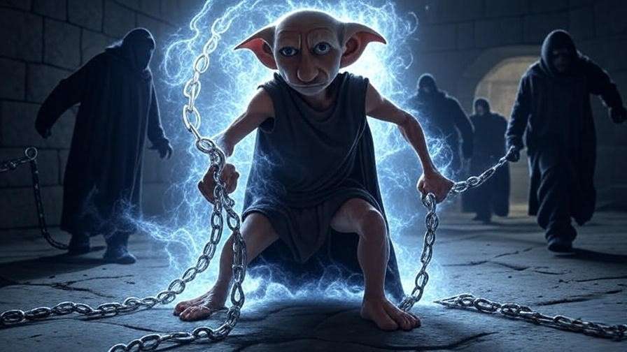 Dobby rescuing Harry Potter and friends from Malfoy Manor in Deathly Hallows. 