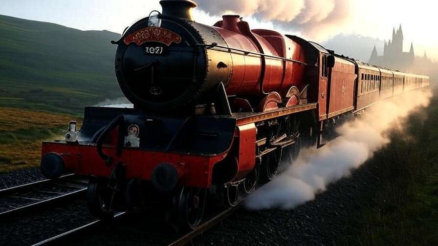Scarlet Hogwarts Express locomotive steaming through Scottish highlands at dusk, with Hogwarts crest and misty hills in the background. 