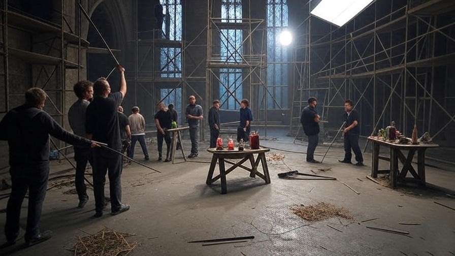 Behind-the-scenes Harry Potter TV series set with Hogwarts castle and magical props, highlighting production values.